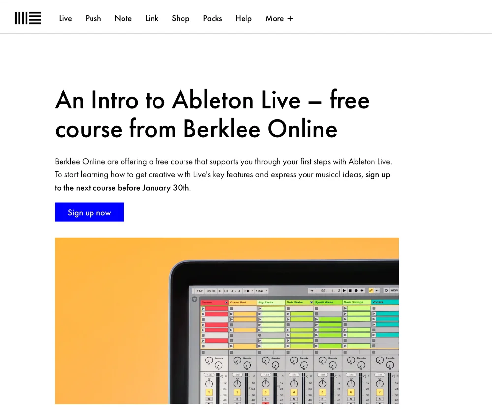 ableton webapge for promotion of berklee online ableton live course