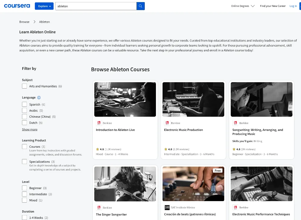 coursera webapge for ableton live courses